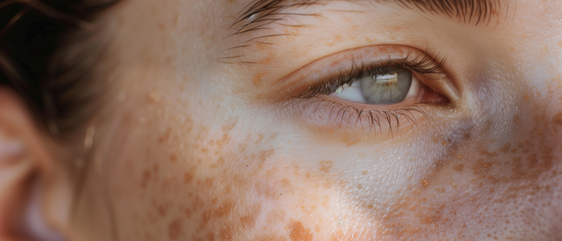 Detailní pohled na pigmentové skvrny na obličeji.